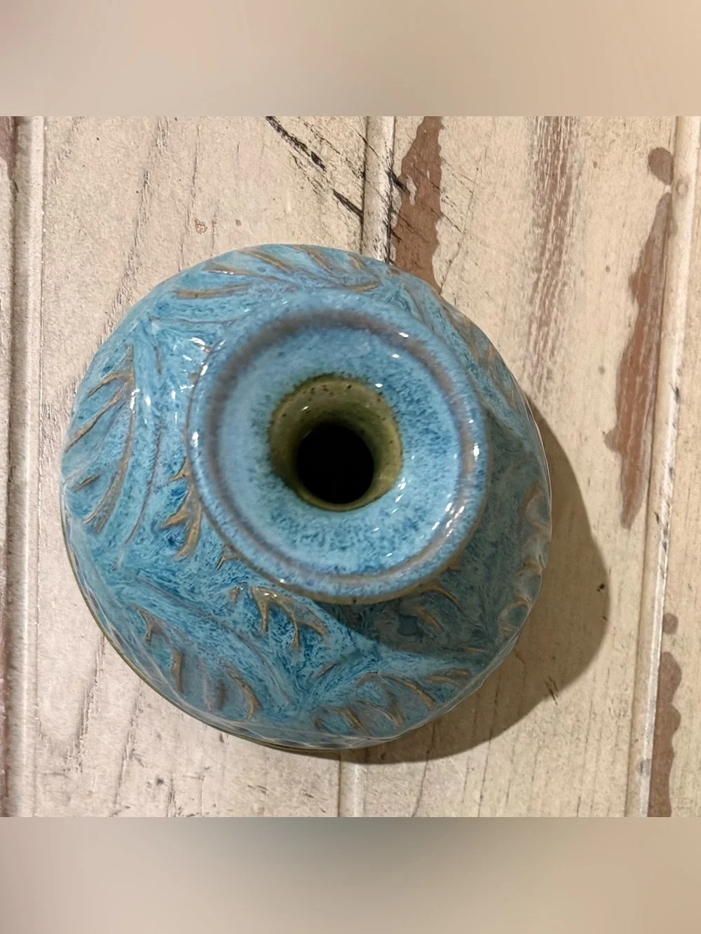 Artisan Studio Pottery Ceramic Oil Lamp Blue Palm Leaf Carved Signed PS.119